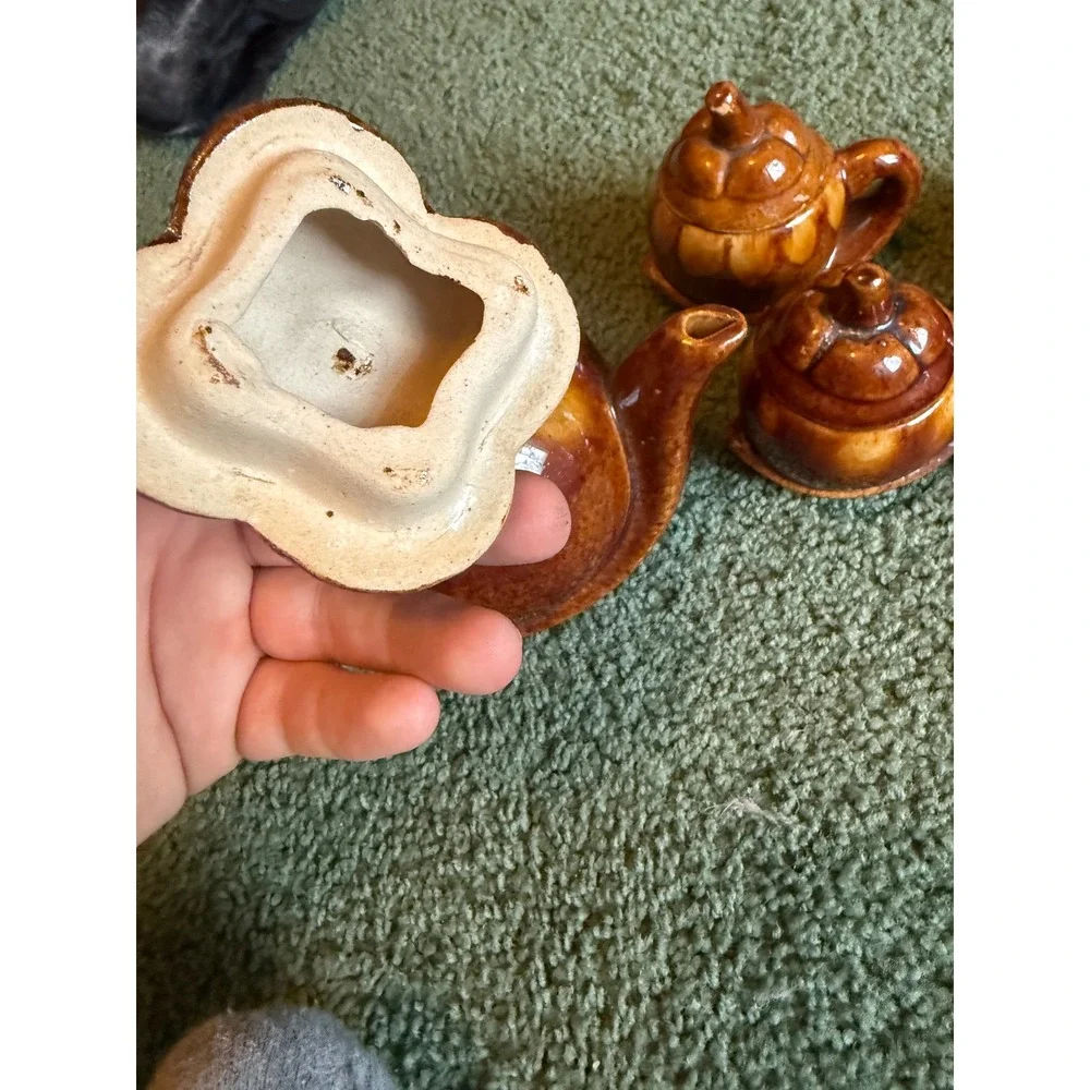 Vintage Brown Drip Glaze Pumpkin Tea Set Teapot and 4 Lidded Cups Fall Decor